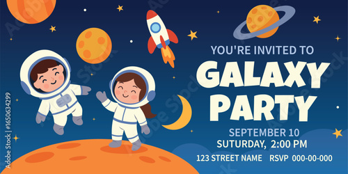 Bright vector horizontal invitation to galaxy party with cute boys and girls astronauts, space, rocket, planets, stars. Colorful design for birthday and party in space style