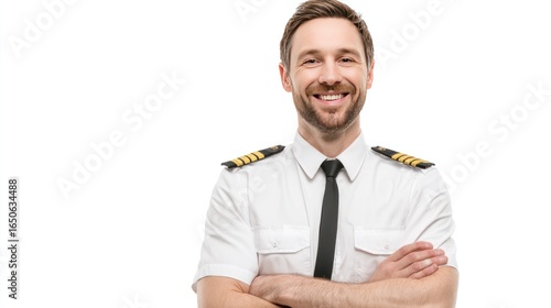 Confident Pilot's Portrait: A smiling pilot wearing a crisp uniform exudes confidence, embodying professionalism, expertise, and a passion for flight.