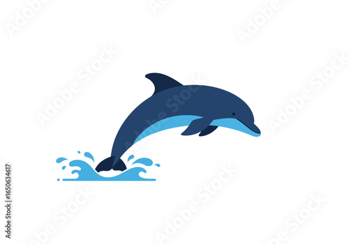A blue cartoon dolphin leaps from blue waves