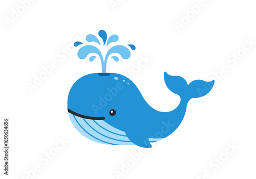 A blue cartoon whale with a tail eye spout of water and light blue stripes on its belly