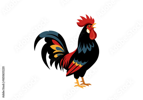 A stylized rooster stands with black body red comb and colorful tail feathers