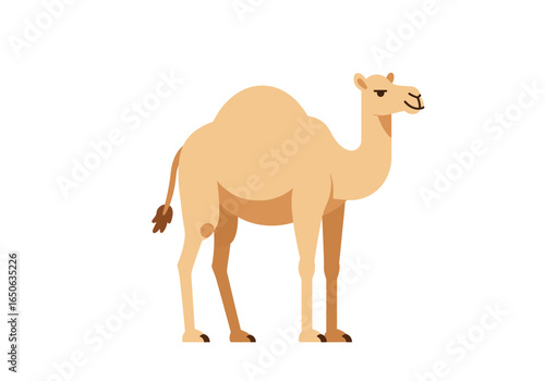 A tan dromedary camel with one hump standing on a white background