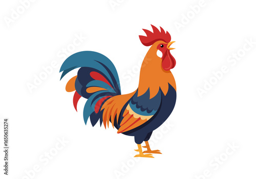 A vibrant cartoon rooster crows sporting blue and red tail feathers against a white background