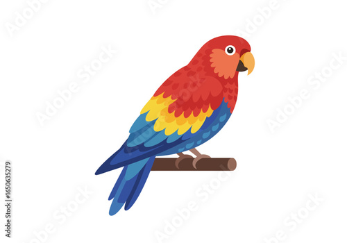 A vibrant parrot perches on a branch displaying red yellow and blue plumage against a white background