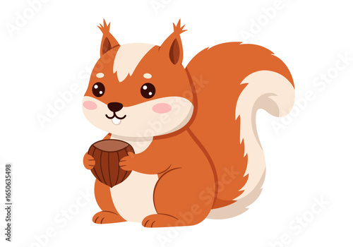 Cartoon squirrel holding a nut with a white stripe on its head and bushy tail
