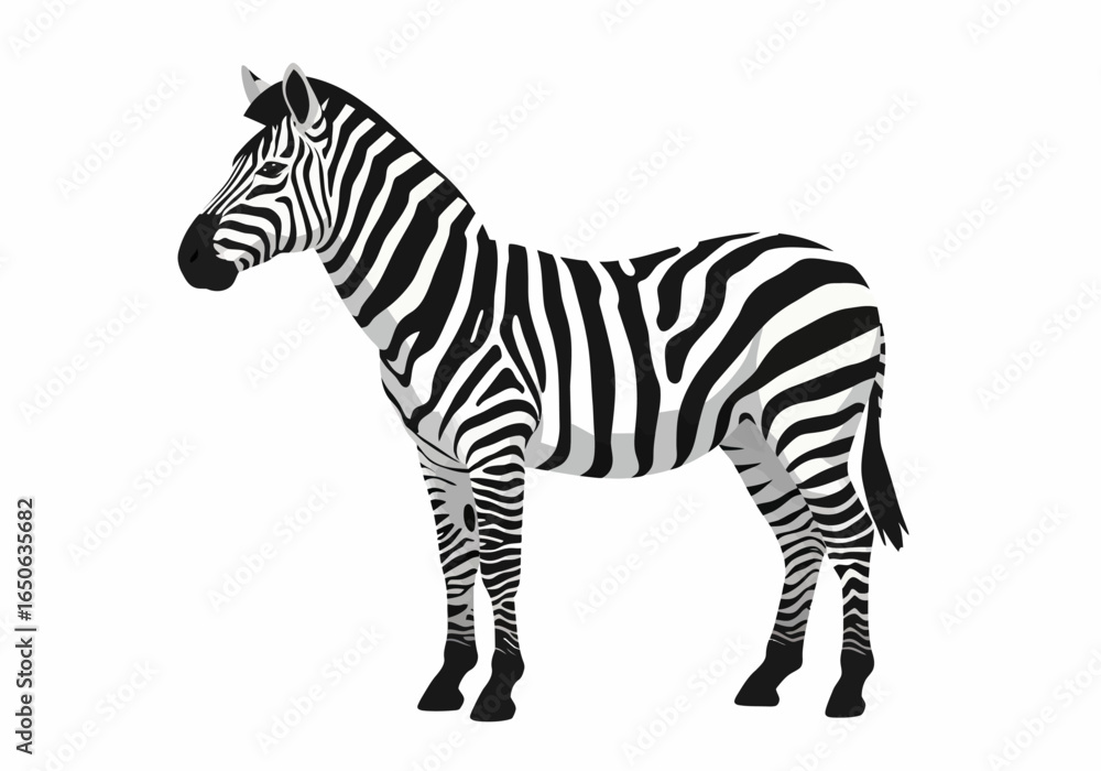 Fototapeta premium Zebra with black white stripes stands side view isolated on white