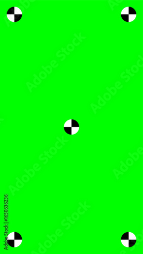 Bright green screen with five black and white tracking markers, one in the center and one in each corner, ideal for chroma keying, video editing, and motion tracking applications.