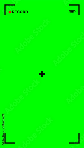 A vertical green screen with a camera recording interface overlay. It features a red record dot, record text, battery indicator, and corner framing marks, ideal for compositing video content.