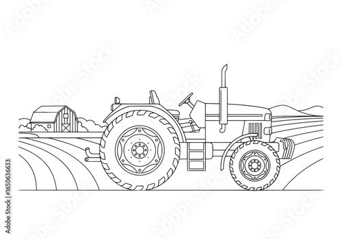 Classic tractor working a field with a barn in the distance, representing agricultural work and rural life