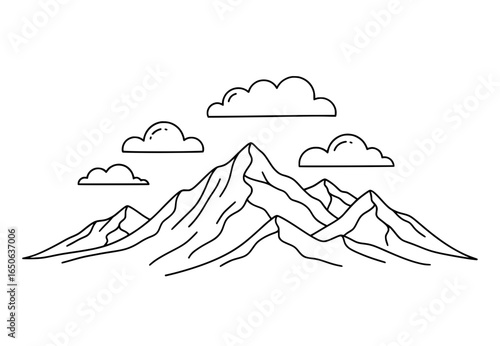 Majestic mountain peaks rise dramatically under a sky filled with soft, stylized clouds