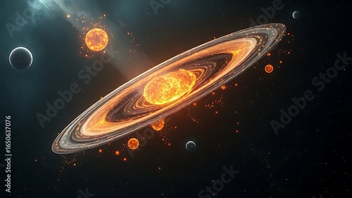 Protoplanetary disk with glowing organic molecules resembling cosmic constellations.