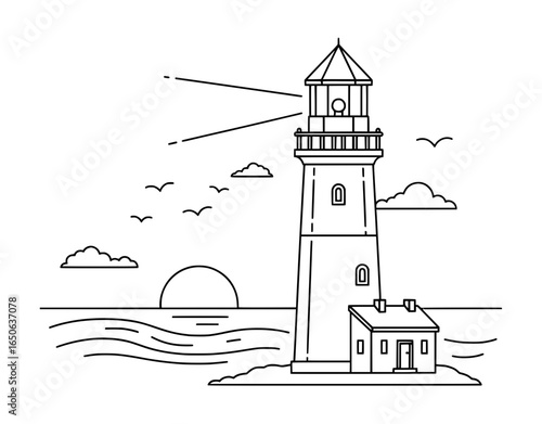Iconic lighthouse guides ships at sea during sunrise with guiding light and coastal elements