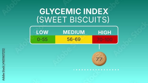 Animated infographic showing glycemic index of sweet cookies with moving scale. Perfect for health, diet, nutrition, and medical projects