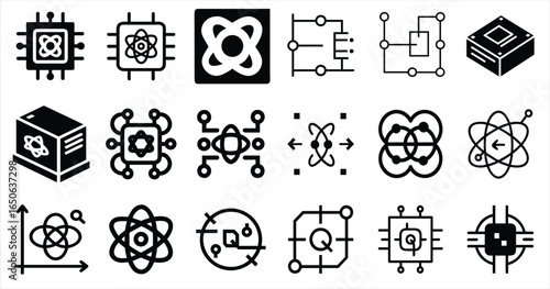 Collection of stylized icons representing quantum computing concepts, including qubits, processors and atomic structures with circuit diagrams and abstract geometric shapes for technology and science 