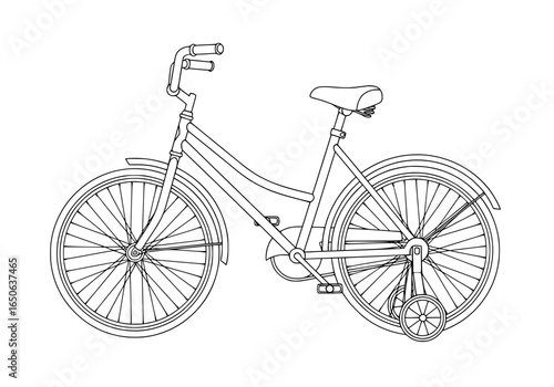 Classic children's bicycle with training wheels, perfect for young riders learning to pedal.