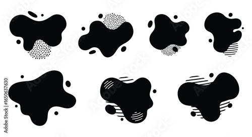 Collection of black ink blots with various textures and patterns