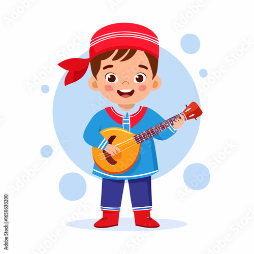 Flat style vector icon of a kid in Russian attire playing balalaika, representing cultural heritage.
