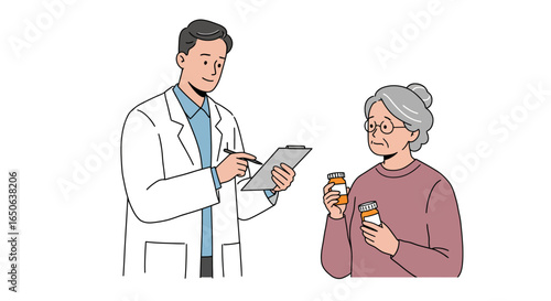 Young male doctor provides medical consultation and writes a prescription for an elderly female patient holding her medication.