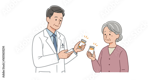 Doctor explaining medication to elderly patient in a healthcare setting, discussing pills, and treatment plan