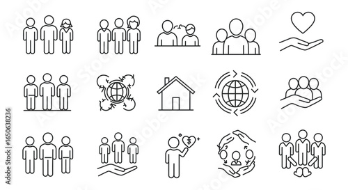 Line icons of people and community in various social interactions and relationships