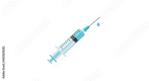 Medical syringe illustration with a needle and blue liquid for vaccination or injection, a concept for healthcare and immunization.