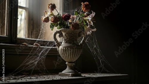 Wilted flowers in vase on dusty window sill with cobwebs indoor