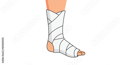 Vector illustration of a leg with a medical bandage, depicting an injury, recovery process, or rehabilitation, symbolizing support for healing and care.