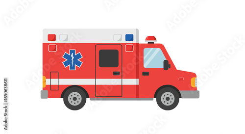Modern flat design illustration of a bright red emergency medical vehicle, crucial for healthcare and rapid response services, ready to transport patients swiftly.