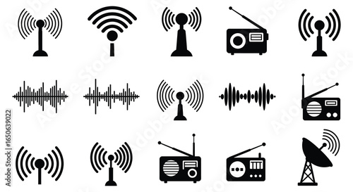 Collection of radio and wireless communication icons and signals