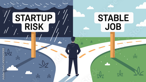 Startup Risk vs. Stable Job: A pivotal moment, this image captures a man standing at a crossroads, contemplating the contrasting paths of startup risk versus stable employment.