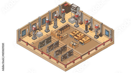 Isometric view of a museum exhibit hall with artifacts and display cases on a wooden floor setting