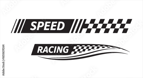 Black speed and racing checkered flag graphic elements on white background banner