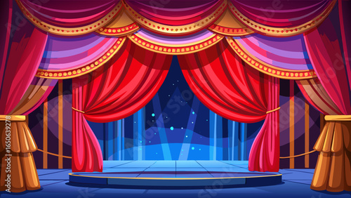 Luxurious red velvet curtains gracefully draping across the empty theater stage, shimmering beneath soft lighting, creating elegant atmosphere where velvet texture meets artistic grandeur, blending th