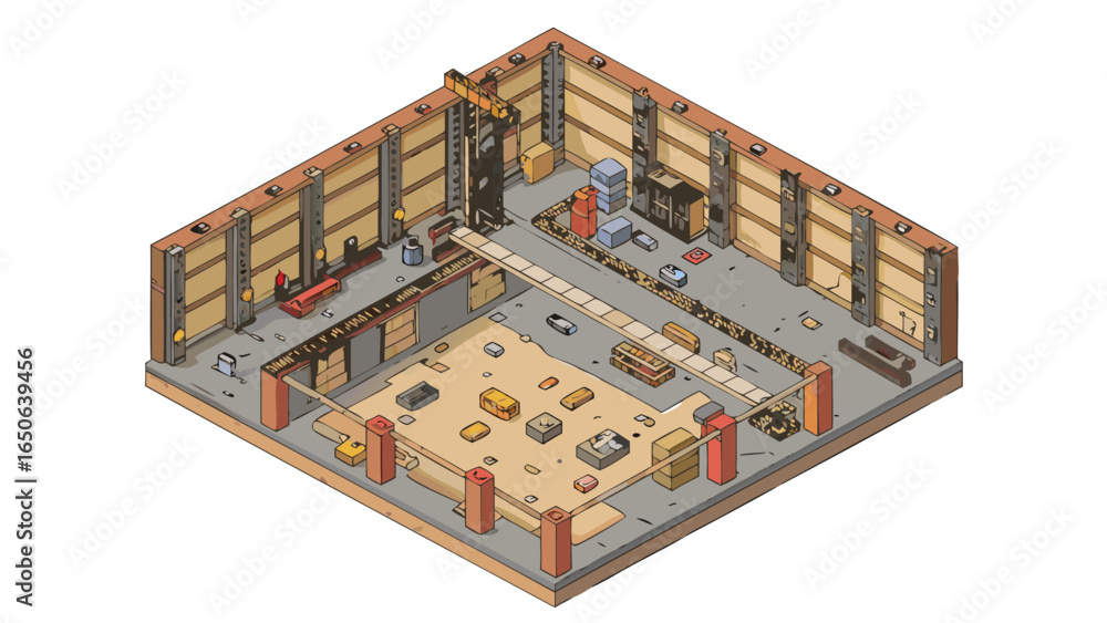 Naklejka premium Isometric view of a warehouse interior with various storage containers and a gantry crane system present
