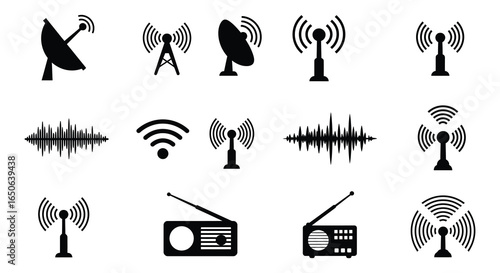 Collection of radio communication and broadcasting icons and signals