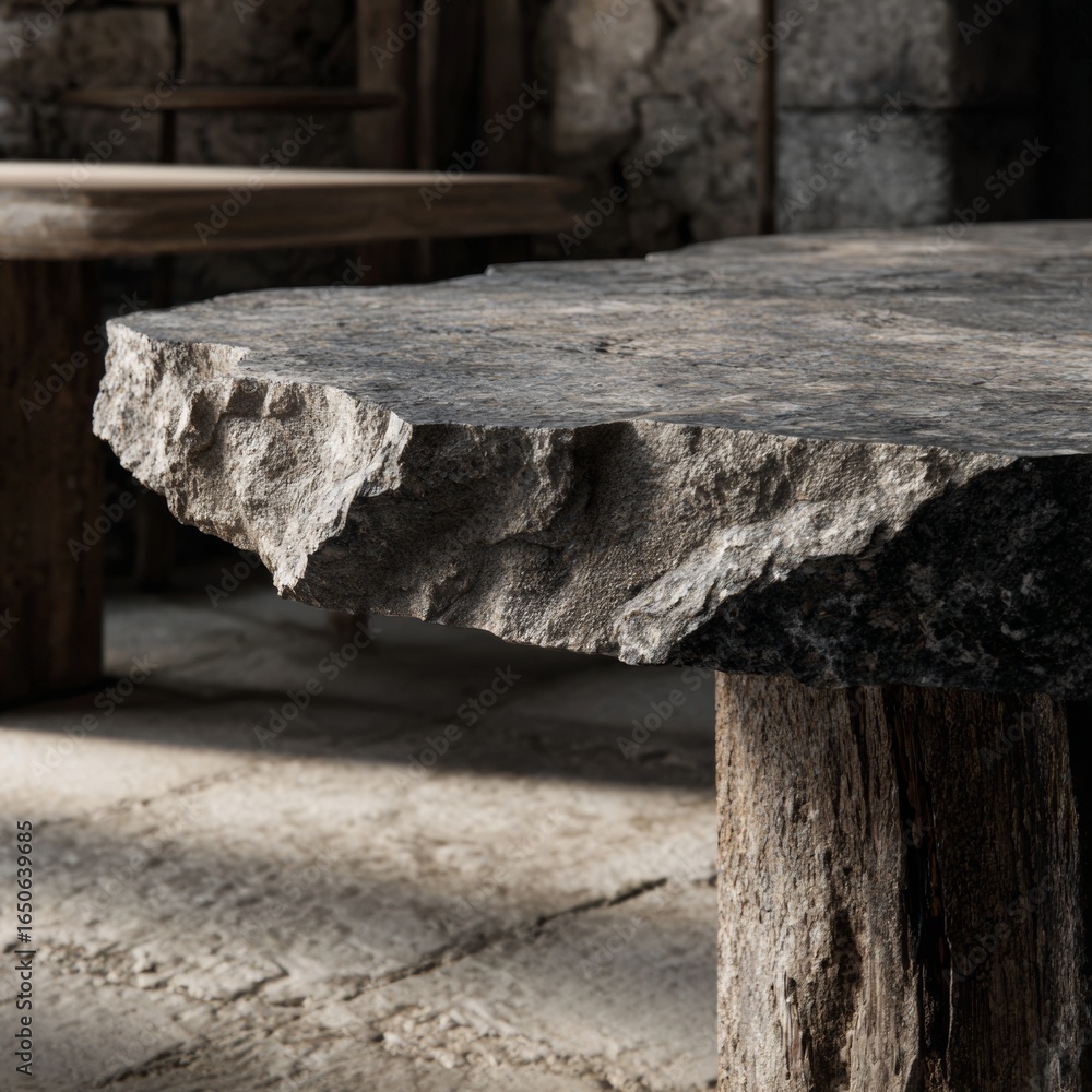 Fototapeta premium Natural Stone Table with Rough Edges in Rustic Setting