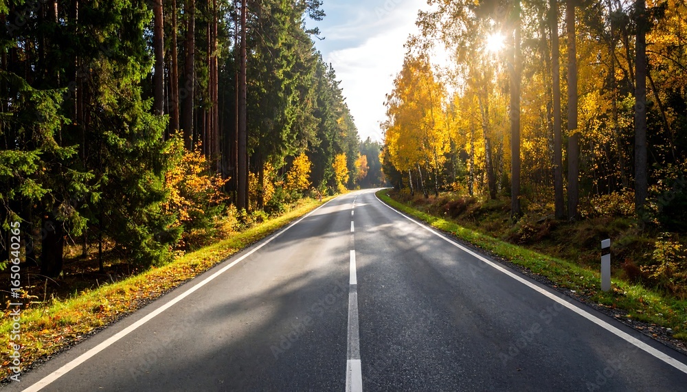 Fototapeta premium Sunlit road winding through autumnal forest
