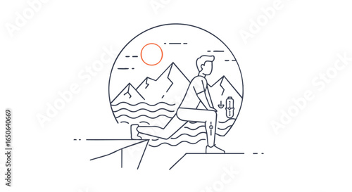 Dynamic line art depiction of a man performing a lunge stretch against a stunning mountain and water landscape, embodying outdoor fitness and serene well-being