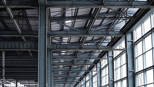 Abstract industrial steel beams create striking patterns in natural construction lighting.