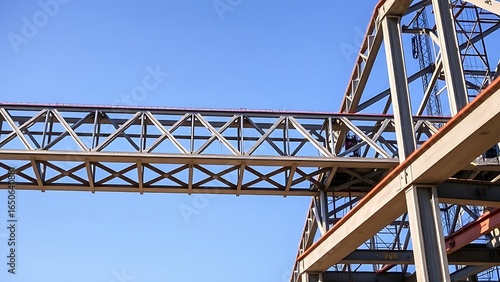 Industrial steel structure with geometric patterns, highlighting construction progress under clear skies.