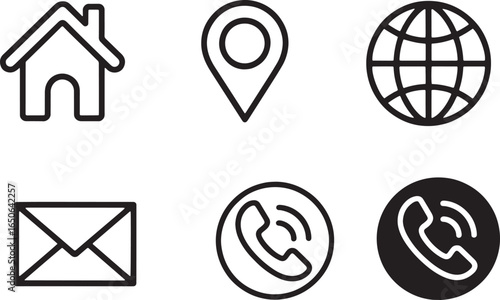 Set of six communication and location icons on a white background home icon house icon