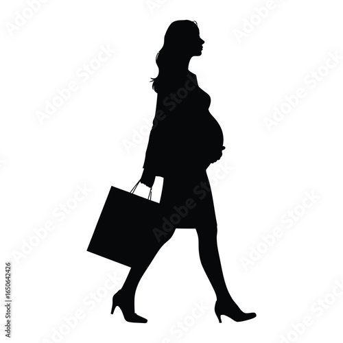 Silhouette of pregnant person walking with shopping bag in heels, everyday moment of urban motherhood, strength, and graceful resilience