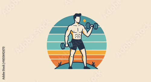 Muscular Man Lifting Dumbbells in Vintage Sunset Silhouette