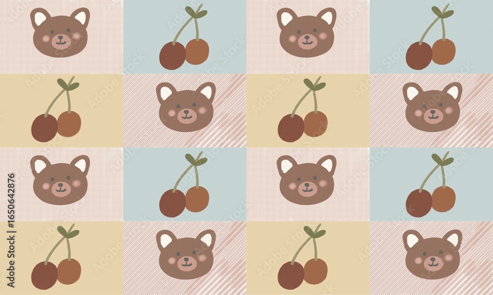 Fototapeta premium Seamless Brown Bear Head Pattern with Cherry and Colorful Checkered Design in Earth Tone