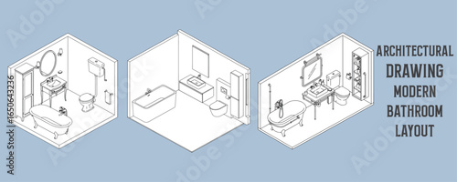 Architectural drawings of modern bathroom layouts with bathtubs, vanity sinks, toilets, mirrors, and storage cabinets in isometric vector design