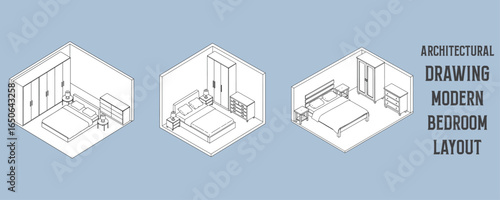 Architectural drawings of modern bedroom layouts with double beds, wardrobes, side tables, dressers, and lamps in isometric vector design
