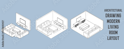 Architectural drawings of modern living room layouts with sofa sets, coffee tables, and media units in isometric vector design