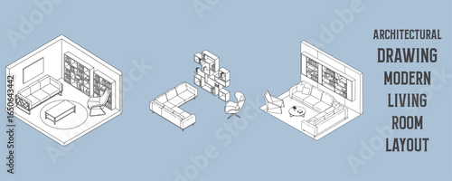 Architectural drawings of modern living room layouts with sectional sofas, bookshelves, and lounge chairs in isometric vector design