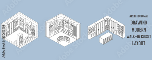 Architectural drawings of modern walk-in closet layouts with wardrobes, shoe racks, and drawers in isometric vector design