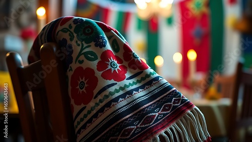 Traditional embroidered serape draped over wooden chair, candlelight reflecting on patterns, blurred fiesta decorations.